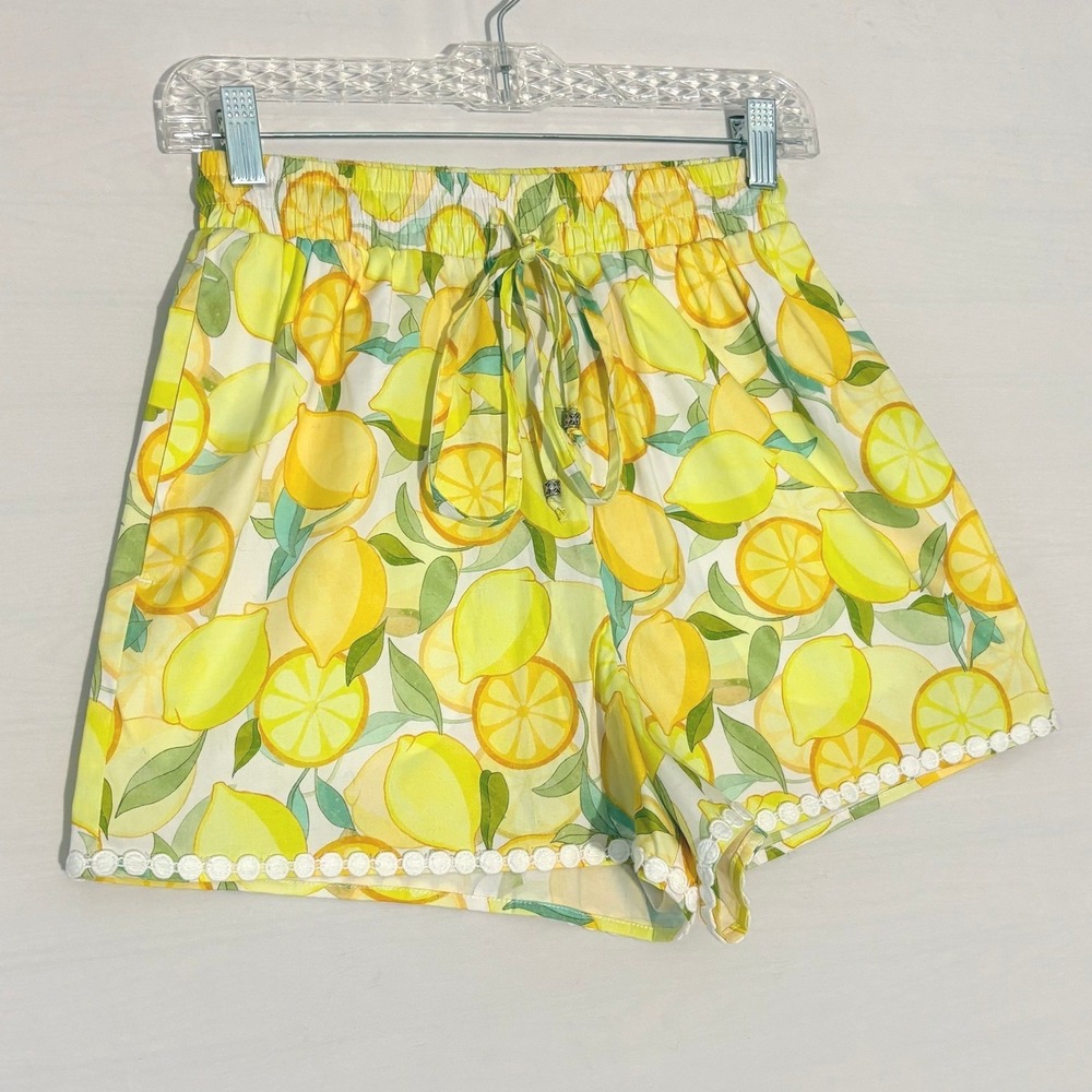 Avec‎ Les Filles Lemon Print Shorts XS Yellow Cotton Lace Trim Summer Drawstring